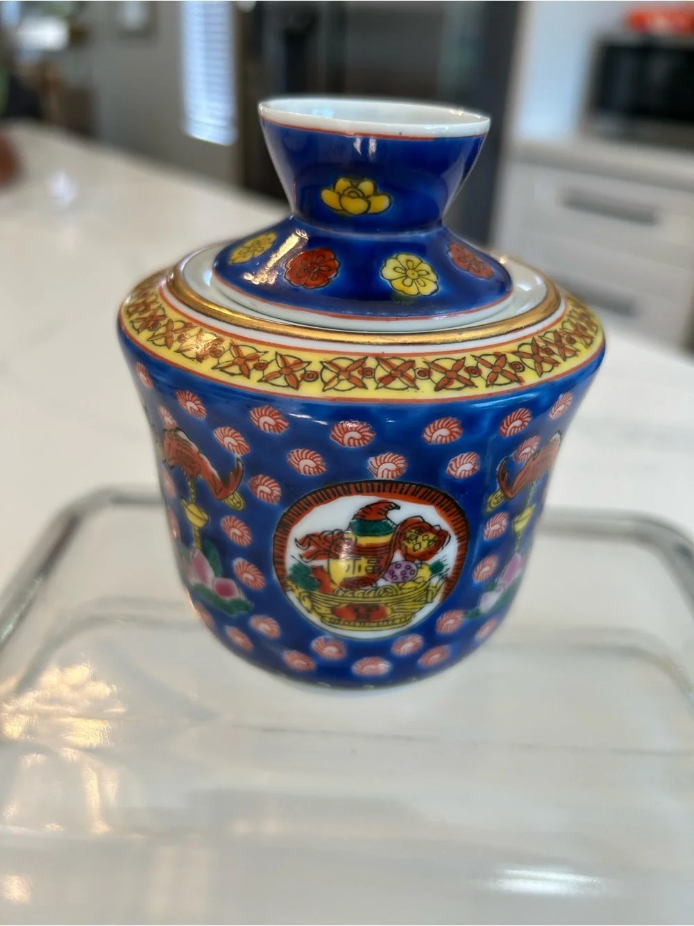 Vintage Chinese Blue and Gold Porcelain Decorative Tea Canister 3 pc